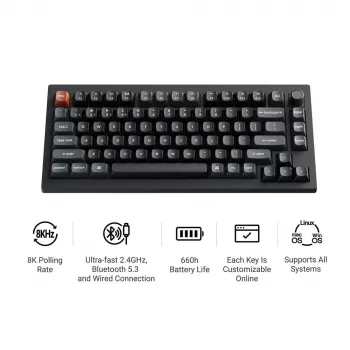 Mehaaniline klaviatuur Keychron V1 Ultra 8K — 75% QWERTY, Bluetooth, juhtmega, RGB, must