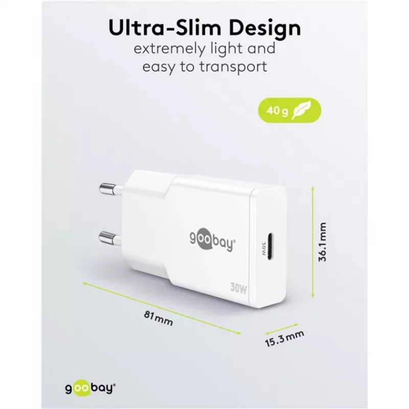 USB-C PD GaN kiirlaadija õhuke (30 W) (valge)