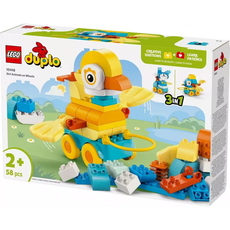 Mänguasjakomplekt LEGO DUPLO 3-in-1 Loomad ratastel 10448 — DUPLO ehita-ja-mängi loomad, 58 tk, vanus 2+