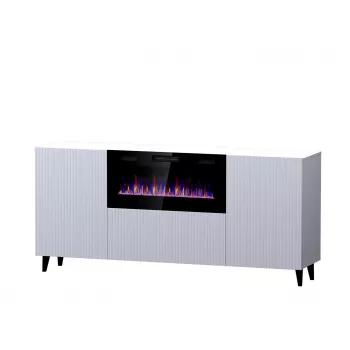 Sahtlitega kapp elektrikaminaga Cama Meble PAFOS, 180x42x82 cm, valge matt, 1400–1600 W, käepidemeteta, 3 ust, 2 riiulit