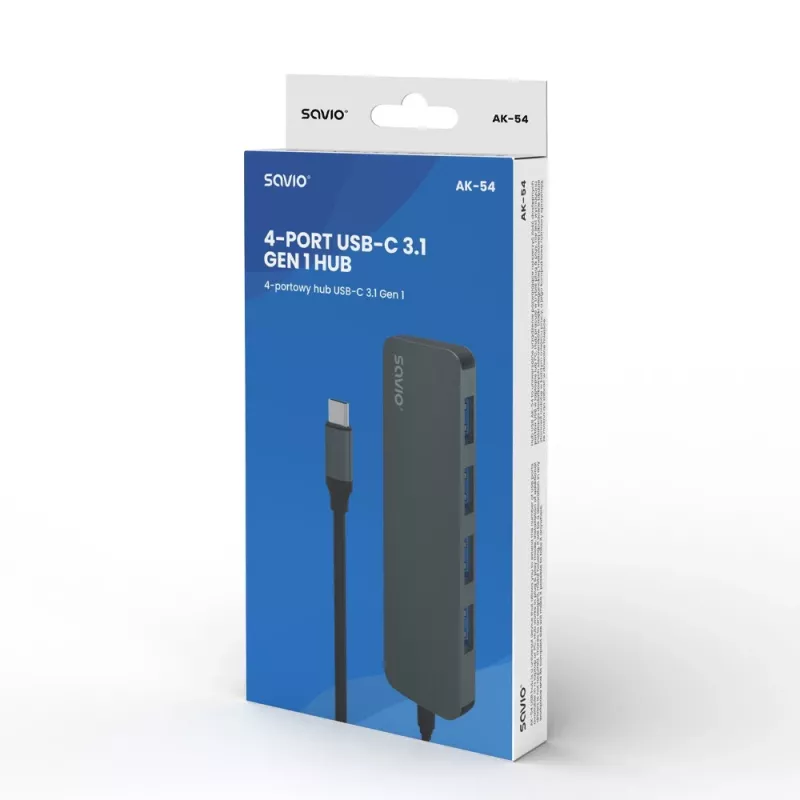 USB-jaotur SAVIO AK-54 — 4 x USB-A (USB 3.2 Gen 1), USB-C host, must