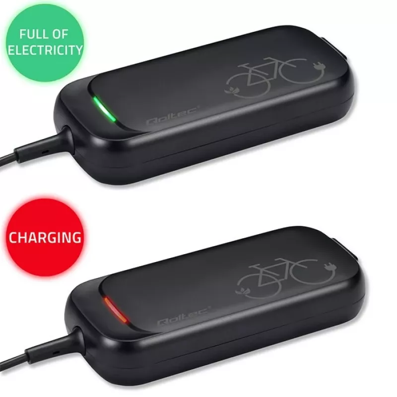Ebike laadija QOLTEC 50332 — 36V/42V väljund, 2A, 5,5×2,1 mm pistik