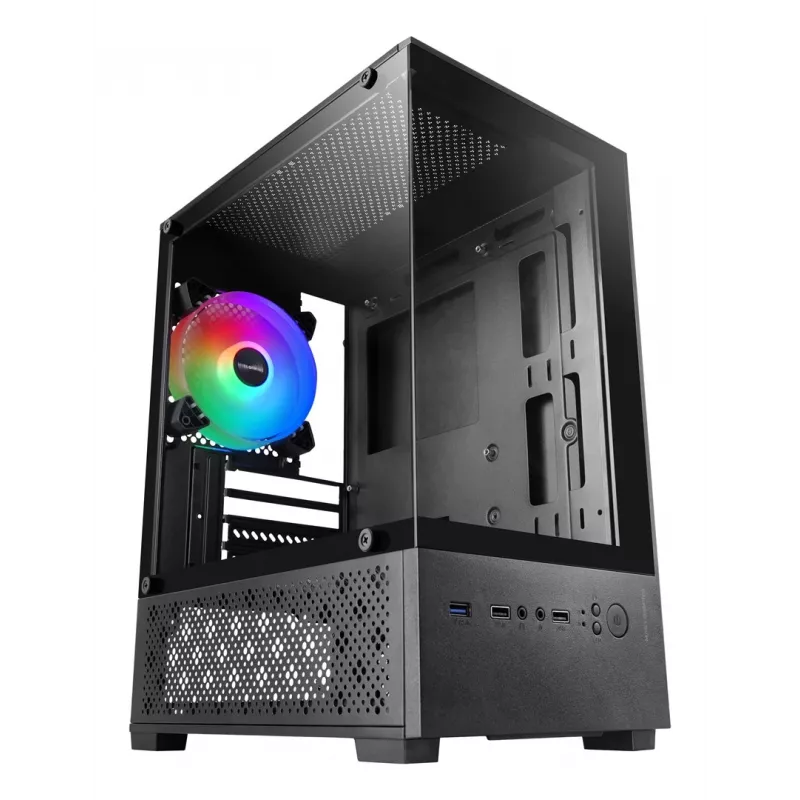 Mini Tower PC korpus TACENS Mars Gaming MC-SE2 — Mini-ITX / Micro-ATX, must, külgaken, alumine toiteplokk, toetab 2x2,5 tolli + 1x3,5 tolli