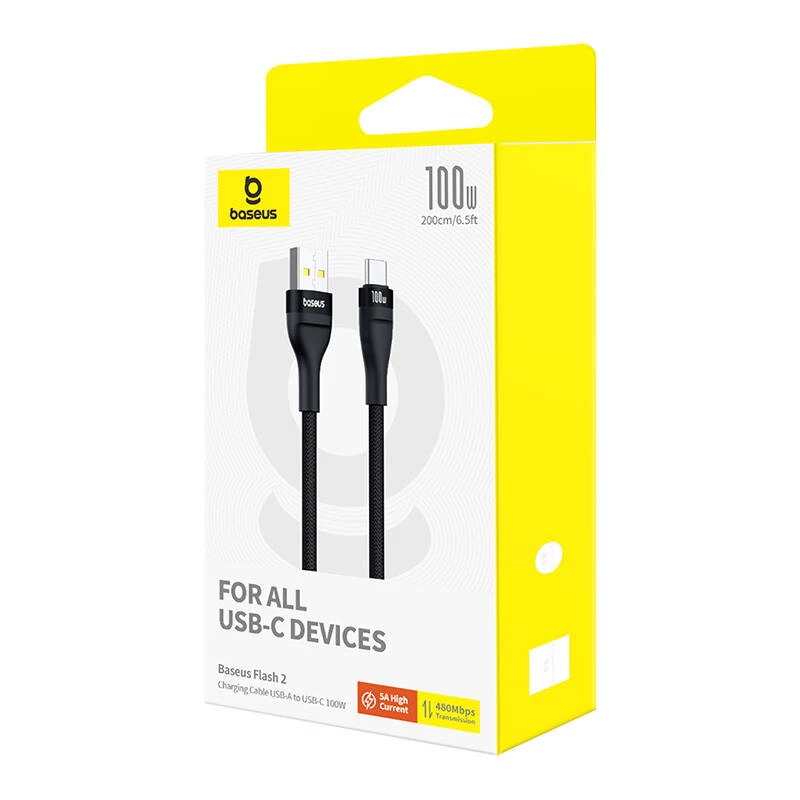 Baseus Flash 2 USB A to USB C kiirlaadimiskaabel 2 m 100 W Must
