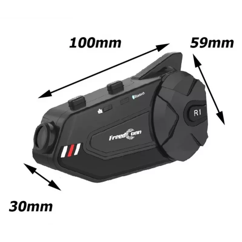 Peakomplekt FreedConn R1 PLUS E mootorratta Bluetooth-sidesüsteem, Bluetooth 5.0+EDR, ulatus 1000 m, IP65, FM, 1080p video, 30 h kõneaeg