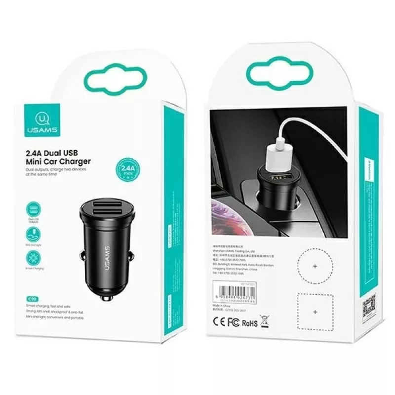 Autolaadija usams USA000867 — Kaks USB 2×2,4A, Must