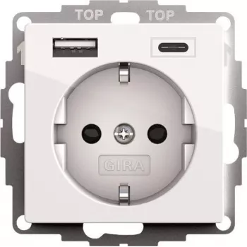 Gira SCHUKO USB toitepistikupesa, 2-sunnaga, puhas valge, mudel 245903
