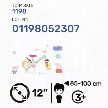 Lastijalgratas Toimsa TOI1198 12 tolli Peppa Pig kujundusega, 12-tollised poroloonrattad, eespidur, abirattad, korv