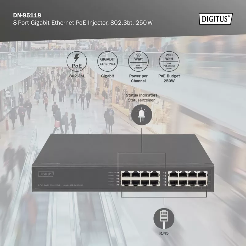 Digitus 8-pordiline Gigabit Ethernet PoE-süstik, 802.3bt, 250 W