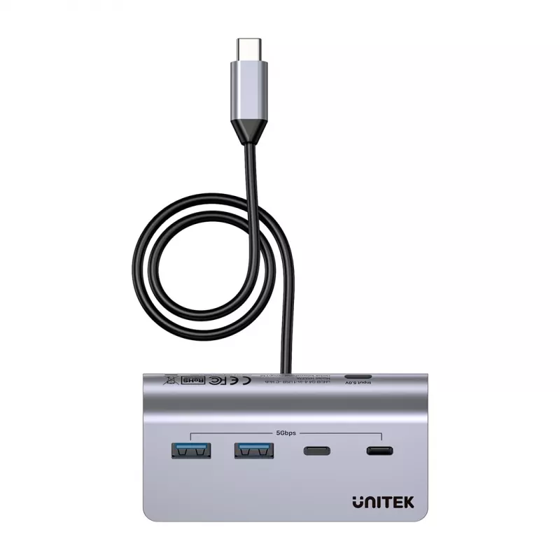 USB-jaotur Unitek H1337AGY01 — 4 pordiga (2×USB-C, 2×USB-A), kuni 5 Gbps pordi kohta, alumiinium, hõbedane