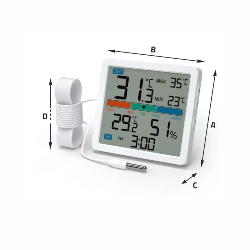 Termomeeter‑hügromeeter MANTA MTO002W välisanduriga (150 cm), siseruumides 0–+50°C, välistingimustes -40–+70°C, õhuniiskus 20–95% RH, mugavusindikaator, kell