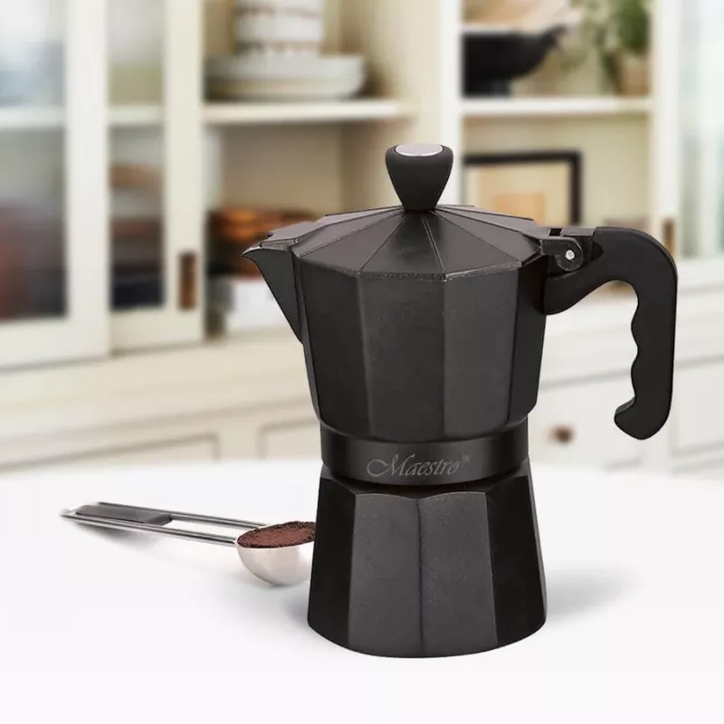 Moka pot Maestro MR-1666-3-Must, manuaalne 3 tassi alumiiniumist kohvimasin, 150 ml, must