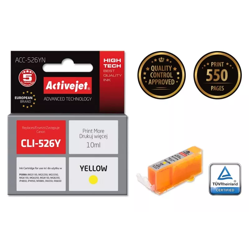 Activejet ACC-526YN tindikassett (asendus Canon CLI-526Y; Supreme; 10 ml; kollane)