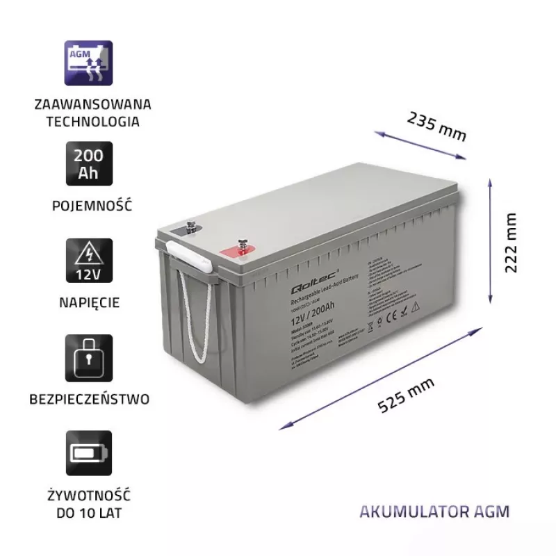 Laetav AGM-aku QOLTEC 53069 12V 200Ah varutoite- ja UPS-süsteemidele
