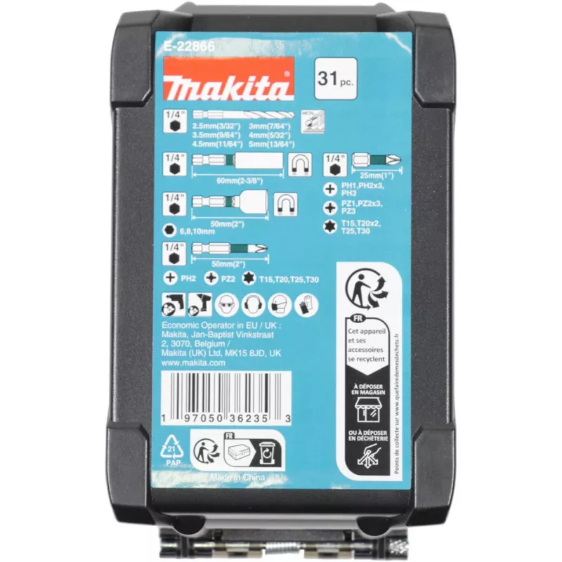 Puuriotsakute komplekt Makita E-22866 — 31 tk, erinevad suurused puidu, metalli ja müüritise jaoks