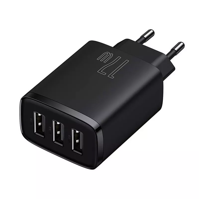 Baseus kompaktne kiirlaadija, 3x USB, 17 W (must)