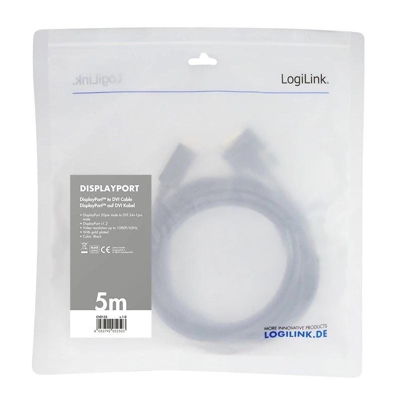 DisplayPort-DVI-kaabel, must, 5 m