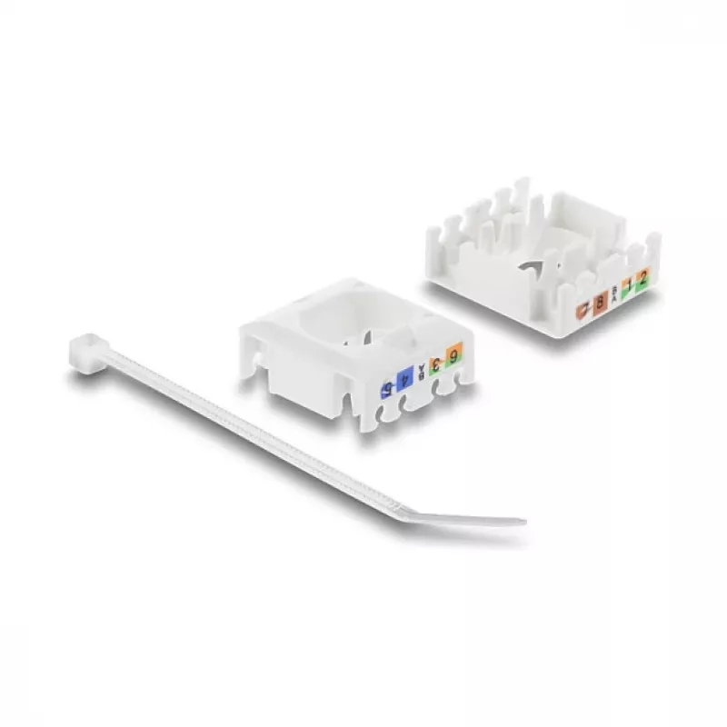 Keystone moodul DELOCK RJ45 LSA-le Cat.6 UTP tööriistavabalt tolmukattega, lame, 16×31,8×19,4 mm, valge/must