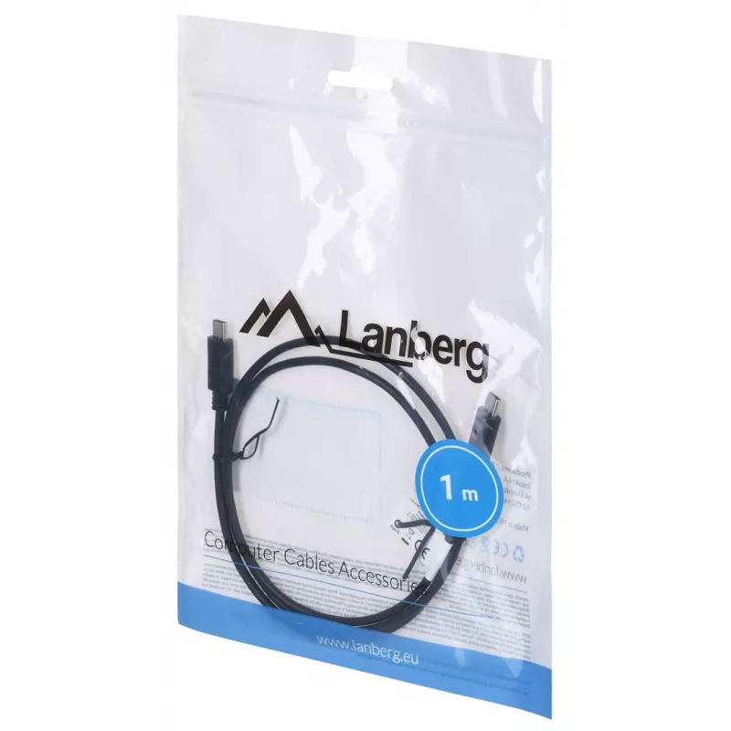 USB 2.0 USB-C–USB-C kaabel LANBERG CA-CMCM-10CU-0010-BK 1 m, must, 480 Mbit/s, kullatud kontaktidega