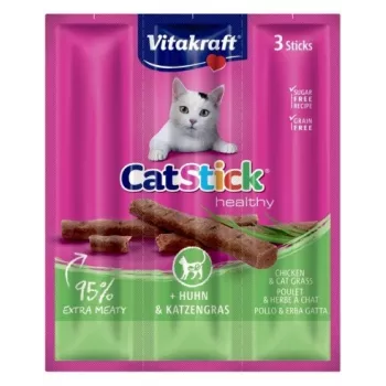 Niisked kassimaiused Vitakraft CatStick Mini kana ja rohuga, 3 tk — 18 g, lihane kanamaitse, 28% niiskust
