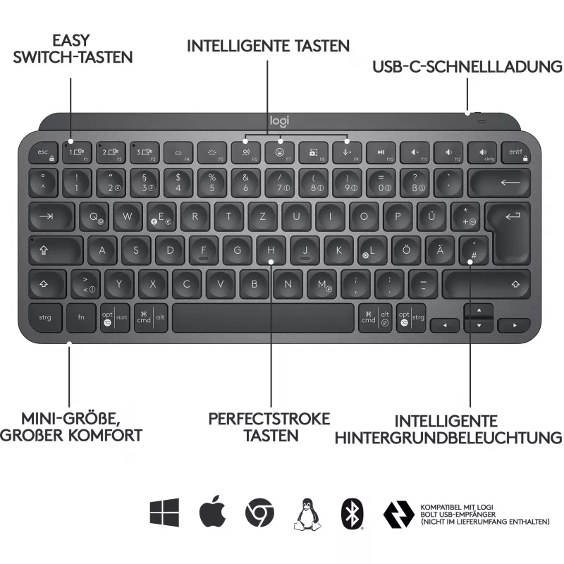 Logitech MX Keys Mini - Klaviatuur - taustvalgustusega - Bluetooth - QWERTZ - Šveitsi - Grafiit (920-010485)