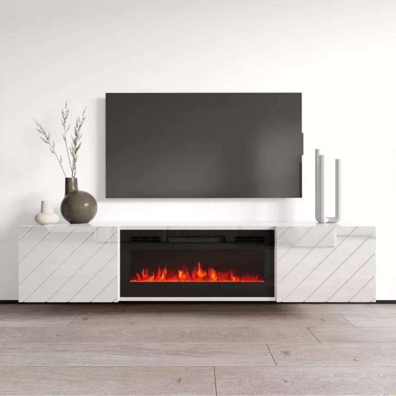 TV-kapp cama meble LUXE 1826×345×375 mm valge läikiv sisseehitatud musta elektrikaminaga (1400–1600 W)