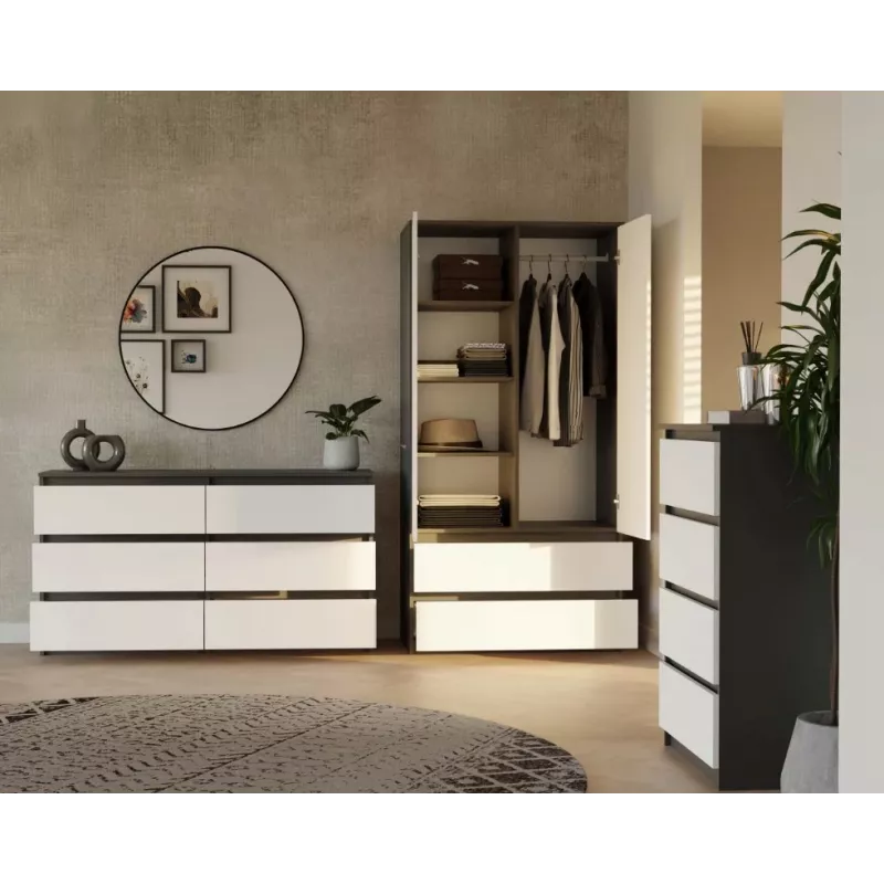 Rõivakapp top e shop MALWA SS-90, 90×180×50 cm, antratsiitkarkass, valged hingedega uksed, 2 sahtlit, laminaat 16 mm
