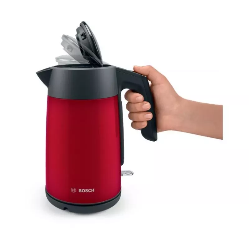 Elektriline veekeetja Bosch TWK7L464 — 1,7 L maht, 2400 W, punane, plastikust korpus