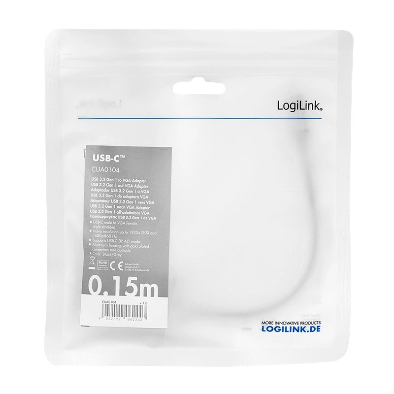 USB USB-C – VGA (D-Sub) videoadapteri kaabel LOGILINK CUA0104 0,15 m, hall/must