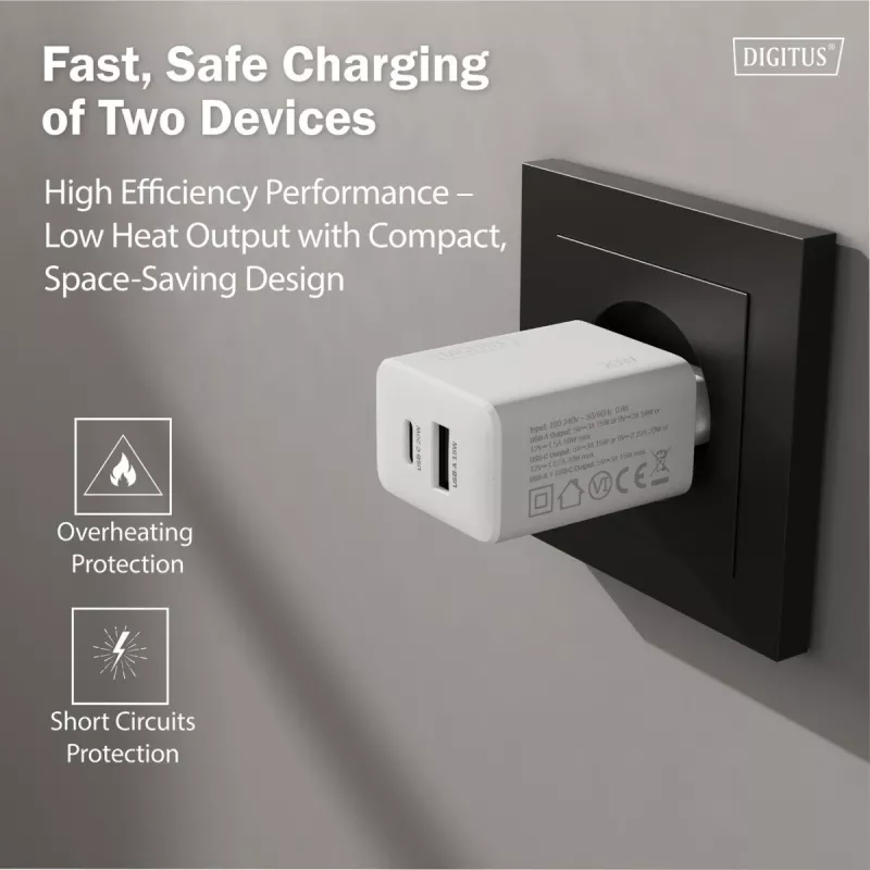 AC-USB-laadija DIGITUS 20 W, 1x USB-C, 1x USB-A, sisend 100–240 V, valge