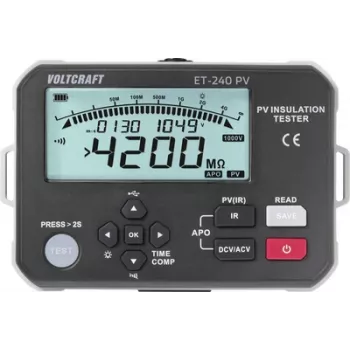 Voltcraft ET-240 PV isolatsioonimõõteseade 125 V, 250 V, 500 V, 1000 V 4000 MET-240 PV PV isolatsioonitester 1000V 4G pinge mõõtmine: 1000 V/DC, 600 V/AC katsepinged 125/250/500/1000 V iso