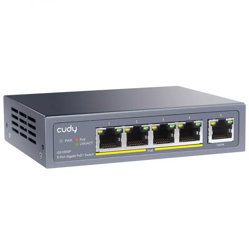 Võrgukommutaator Cudy GS1005P — 5-pordine Gigabit Ethernet 4 PoE-pordiga, 60 W koguvõimsus, metallkorpus, rack-paigaldatav