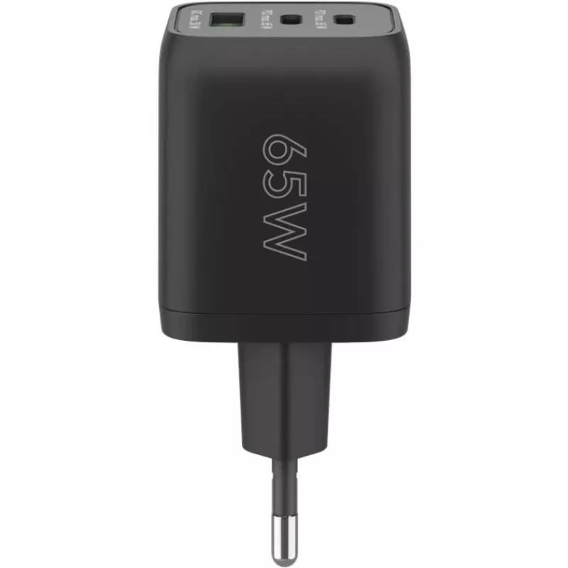 USB-C kiirlaadija Nano, PD, GaN, 65 W, USB-C-punutud kaabel (must, 1x USB-A, 2x USB-C PD, Quick Charge 3.0, 1 meetri pikkune kaabel)