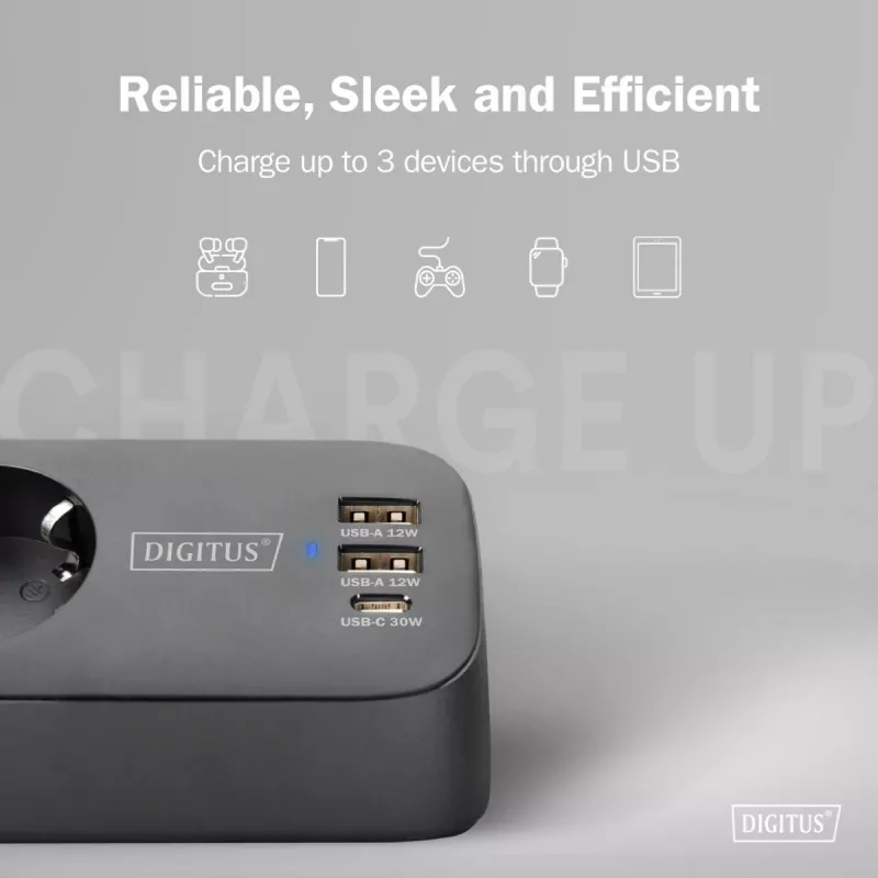 Pistikupesa DIGITUS 3-suunaline 2×USB-A ja 1×USB-C, 3 vahelduvvoolu pistikupesa tüüp E/F, 1,5 m kaabel, must
