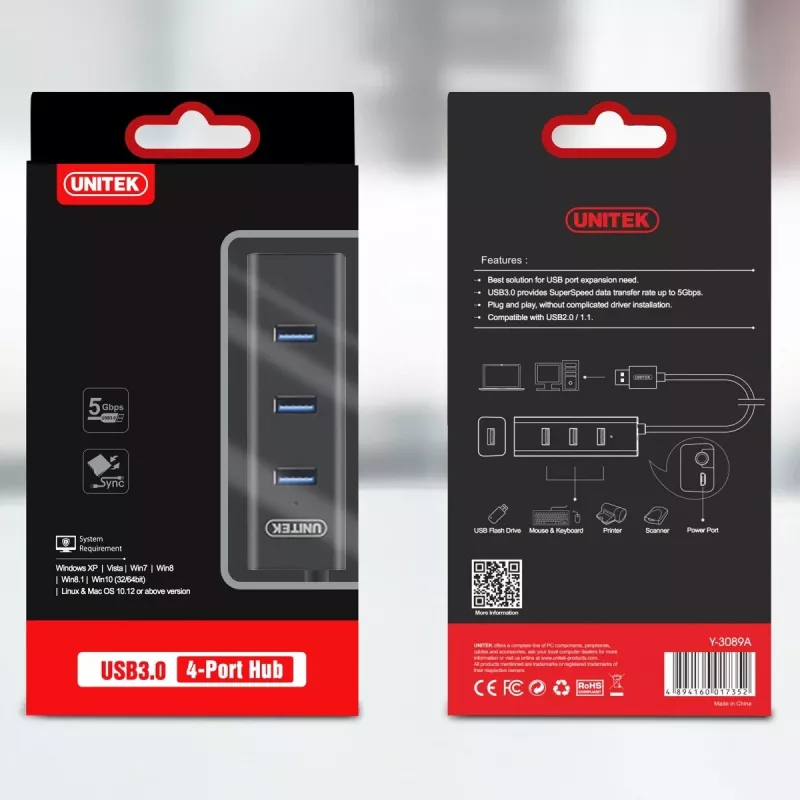 UNITEK Y-3089 liidesejaotur USB 3.2 Gen 1 (3.1 Gen 1) Type-A 5000 Mbit/s must