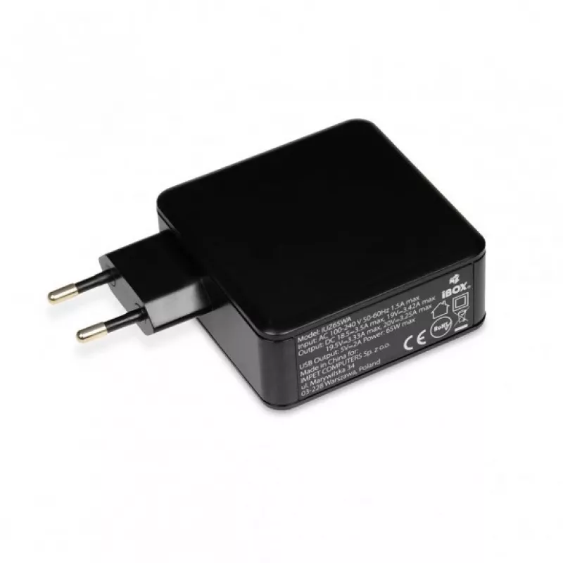 Sülearvuti toiteadapter IBOX IUZ65WA, AC-DC automaat 100–240V → 18.5–20.5V, 65W, 1×USB, must