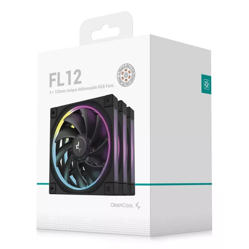 120 mm arvutiventilaator DeepCool FL12 3-in-1 Must, 120×25 mm, 2150 RPM, Fluid Dynamic Bearing, PWM, 55 CFM, 32 dB, 3 tk pakett