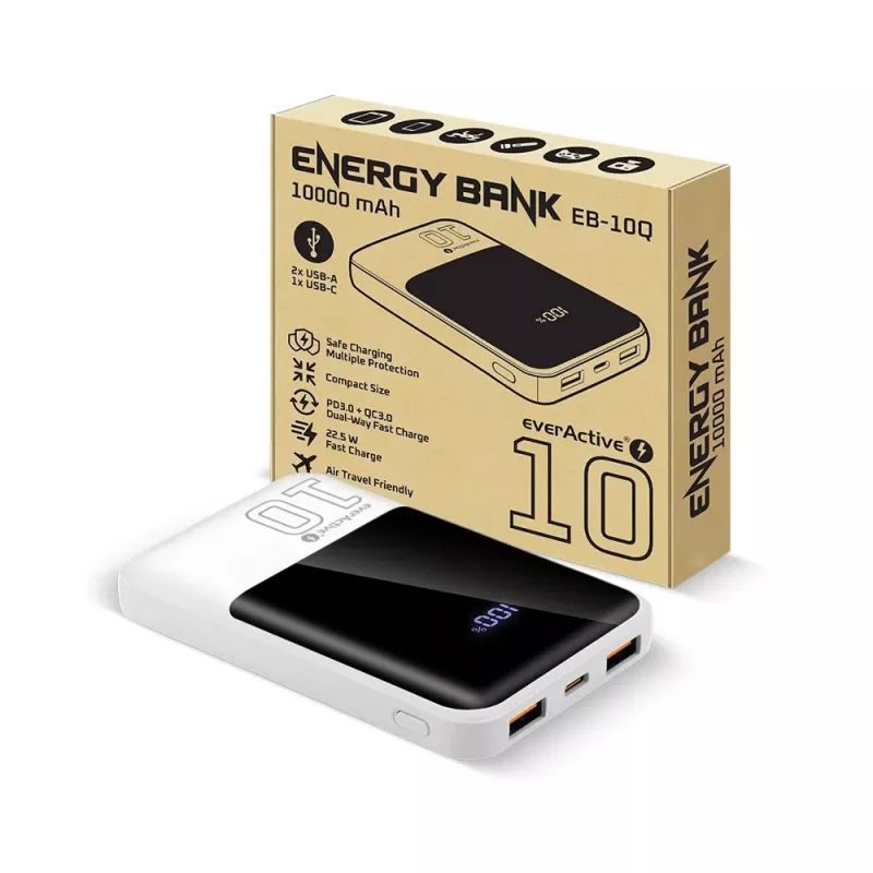 Akupank everActive EB-10Q 10 000 mAh, 2× USB väljundit, 22,5 W QC4.0