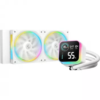 Vedelik-CPU jahuti DeepCool LQ240 Valge 240 mm alumiiniumradiaatoriga, 2×120 mm RGB ventilaatoriga, 41 cm torudega