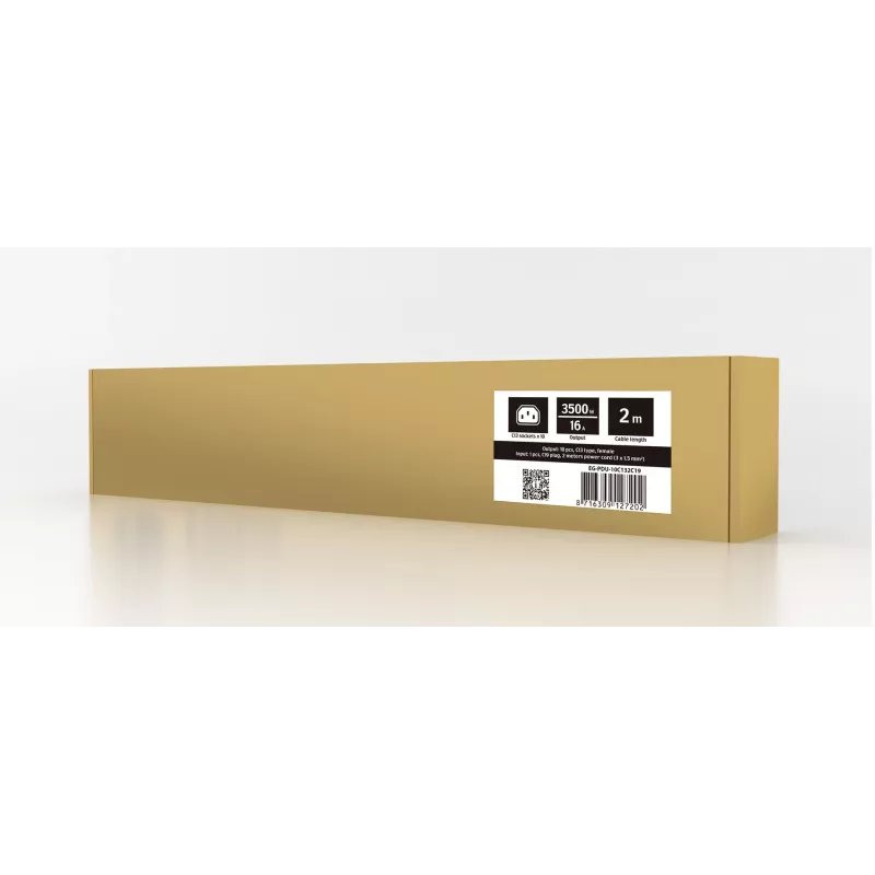 Toitejaotusseade GEMBIRD EG-PDU-10C132C19 — 10x C13 pistikupesa, 1U riiul, 16A C19 sisend, 2 m kaabel, 3500 W