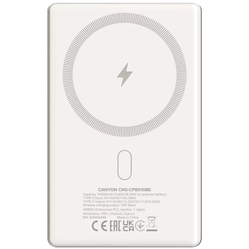 Canyon OnCharge 510 - Powerbank - 10 000 mAh - USB-C sisend - USB-C PD 20W väljund + juhtmeta magnet