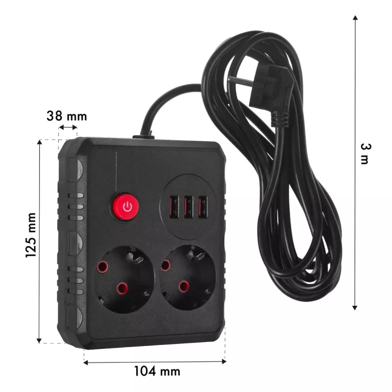 Pikendusjuhe MACLEAN MCE388 B — 2 pistikupesa, 3×USB A, 110–120 V 50/60 Hz, 2500 W, 3 m kaabel, must