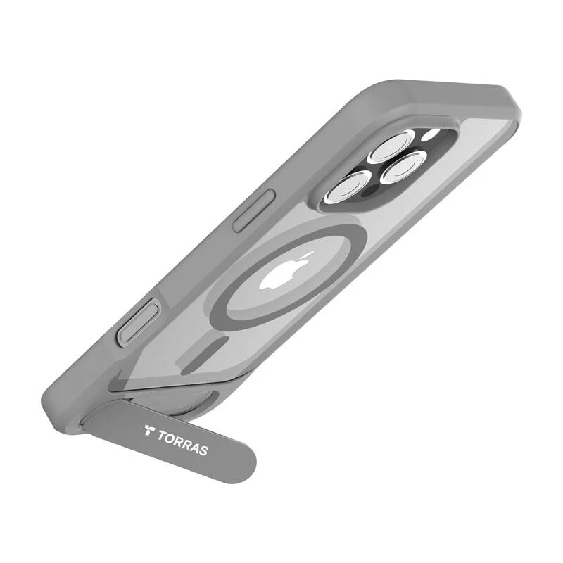 Kaitsva telefoniümbrise Torras Pstand Series iPhone 16 Pro Max jaoks, hall, õhuke profiil koos integreeritud alusega