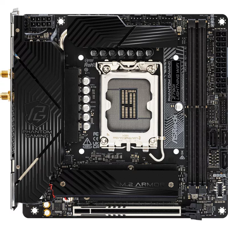 Emaplaat ASRock Z790I LIGHTNING WIFI — Intel Z790, LGA 1700, Mini-ITX, DDR5 kuni 8600 MHz, 2x DIMM, Wi‑Fi 6E, 2.5Gb LAN, 2x M.2
