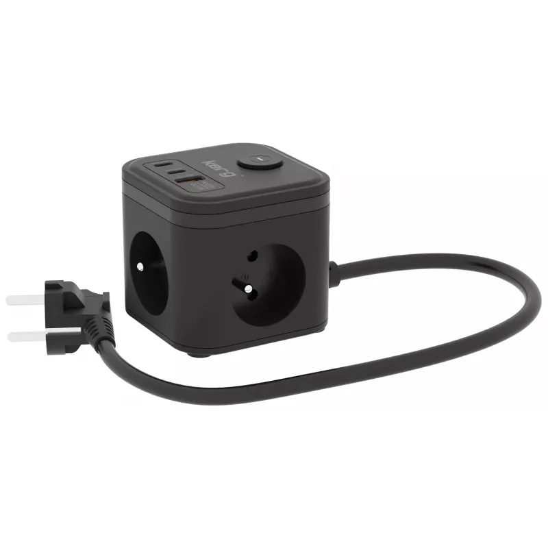Pistikupesajagaja Kerg SMART – 3 vahelduvvoolu pistikupesa tüüp F koos 3 USB-ga (2×A + 1×C), 1,5 m kaabel, 16A 230V, must