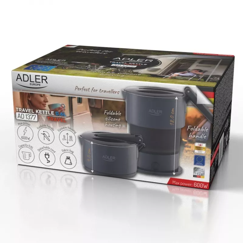 Adler AD 1377G elektriline veekeetja, 0,6 l mahutavus, 600 W, hall, plastik/silikoon/roostevaba teras