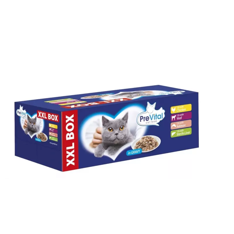 PREVITAL XXL BOX Maitse segu kana, vasikaliha, lõhe ja maksaga kastmes - märg kassitoit - 48 x 100g