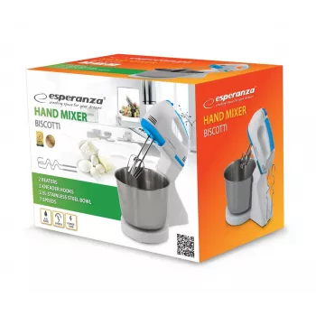 Stand mixer ESPERANZA EKM019WB — 150 W, 2,5 l kauss, 7 kiirust, tainakonksud, topeltvispel, valge