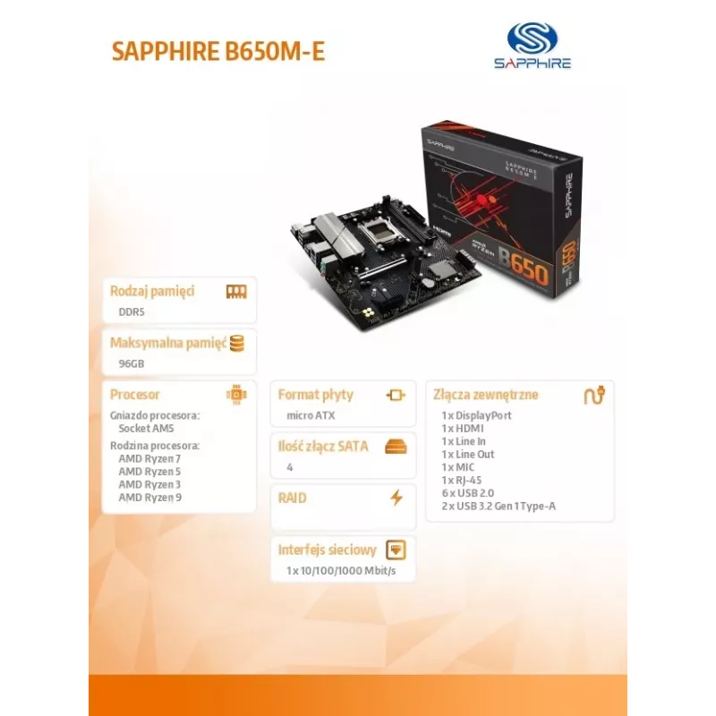 Emaplaat Sapphire B650M-E (AMD B650) micro ATX, Socket AM5, DDR5, 2x DIMM, 96GB, 2x M.2 (PCIe5/4), 4x SATA III, 2.5Gb LAN