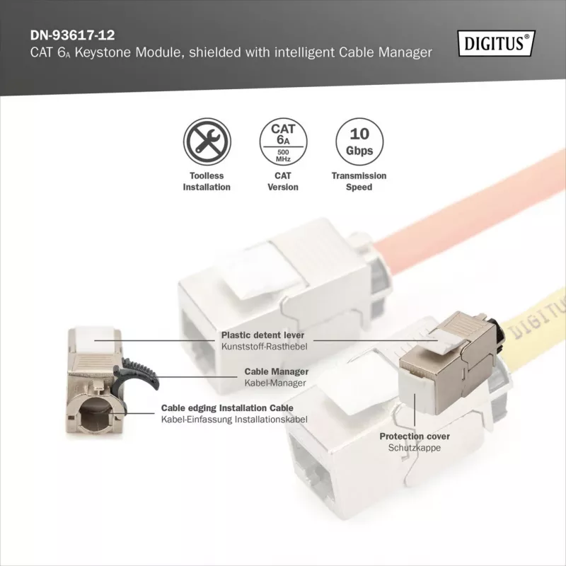 Keystone module DIGITUS CAT 6A varjestatud intelligentse kaablihalduriga, lame RJ-45, 14,5×34,5×21 mm — 12 tk